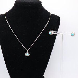 Petite Authentic Turquoise + Sterling Silver Pendant Necklace + Post Earrings